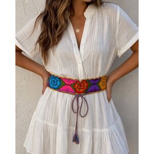 Boho Floral Embroidered Waist Belt Tie Wrap Festival Hippie Artisan Colorful